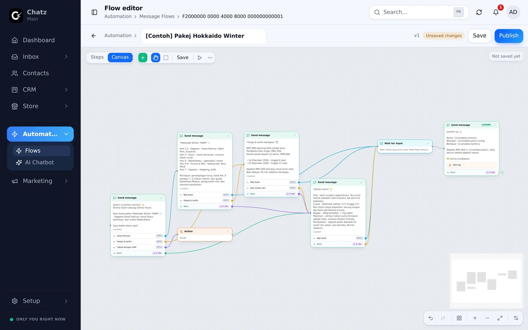 The CHATZ flow editor: message steps wired together on a canvas, each showing the buttons a customer can tap and the branch each one takes.