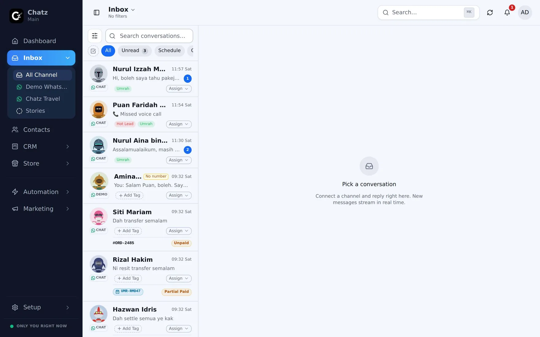 CHATZ: one shared inbox carrying WhatsApp, Instagram, Messenger and email conversations.