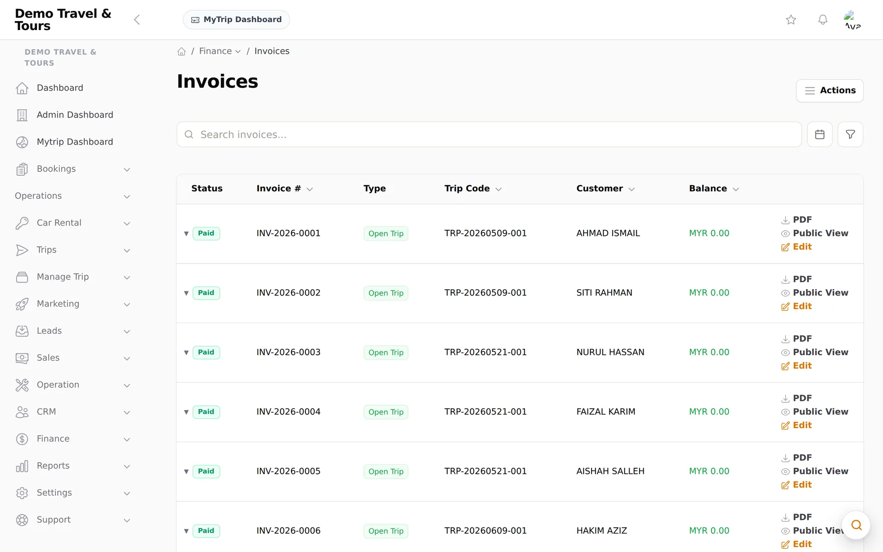 The Traveltour.io invoice list: each invoice with its payment status, the trip it belongs to, the customer and the balance outstanding.